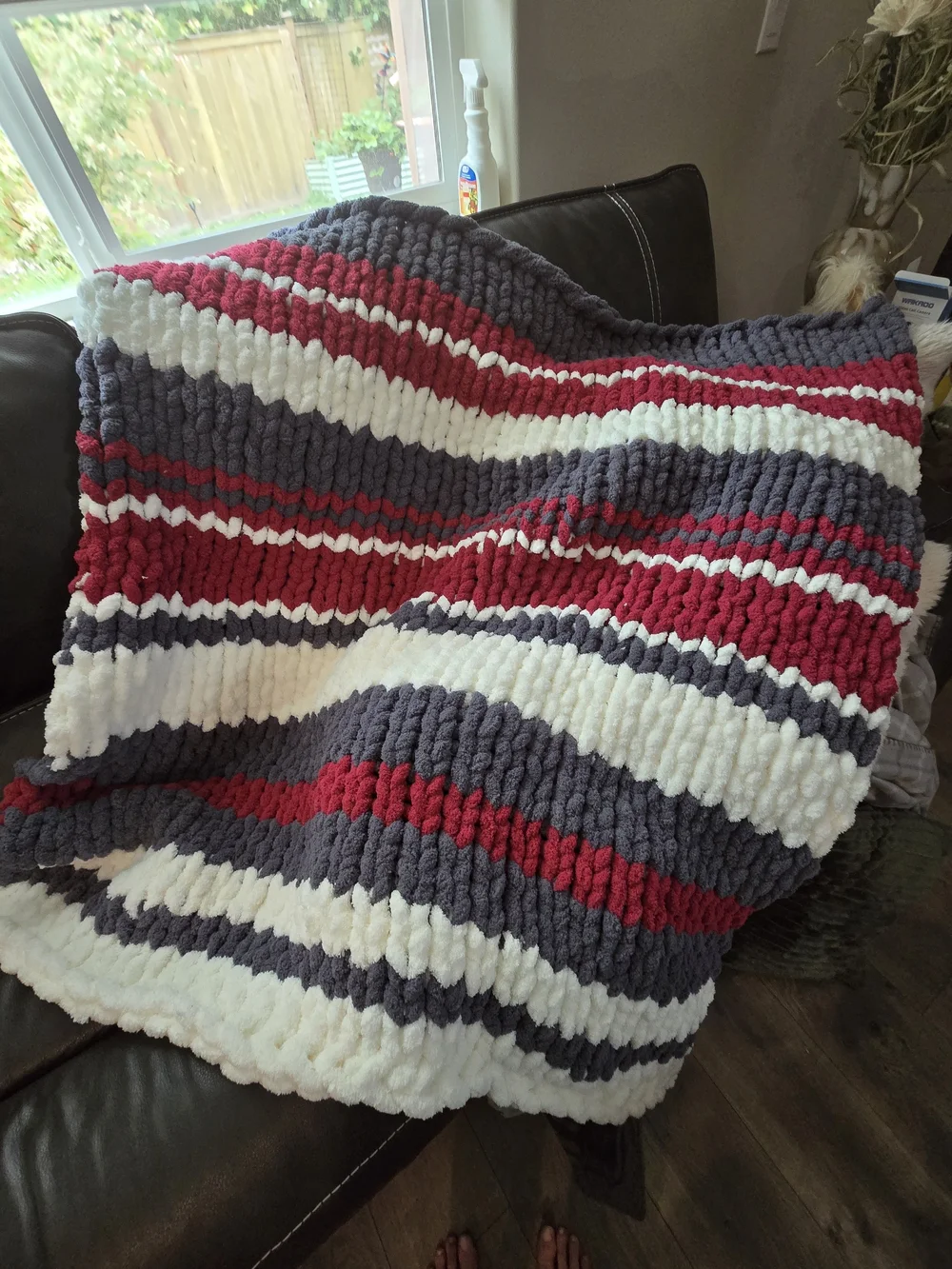 Hand Made Chunky Striped Knit Throw Blanket - Red, Gray & White